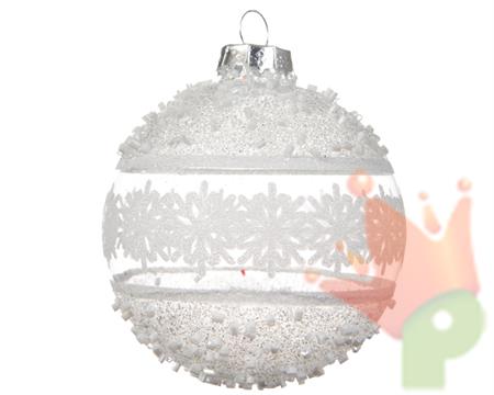 PALLINA DI NATALE TRASPARENTE CON DECORO BIANCO 8 CM