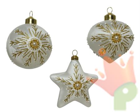 PALLINE DI NATALE 3 FORME ASSORTITE BIANCHE DECORATE