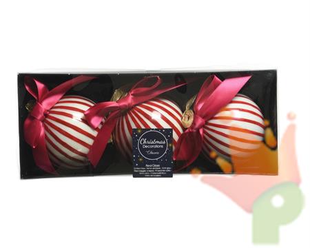 PALLINE DI NATALE A STRISCE ROSSE FIOCCO FUCSIA 8 CM 3 PZ
