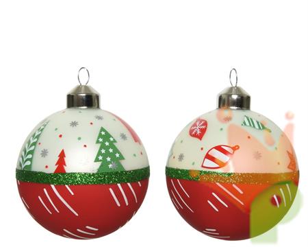 PALLINA DI NATALE VETRO BIANCO E ROSSO CON DECORI