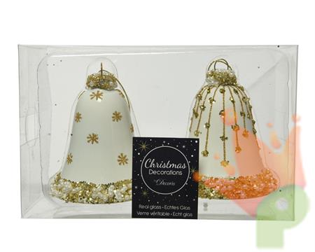 CAMPANE 8 CM IN VETRO BIANCO CON DECORI ORO 2 PZ