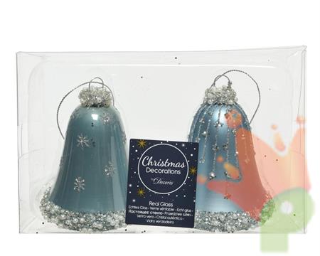CAMPANE 8 CM IN VETRO CELESTE CON DECORI ORO 2 PZ