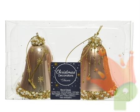 CAMPANE 8 CM IN VETRO CHAMPAGNE CON DECORI ORO 2 PZ