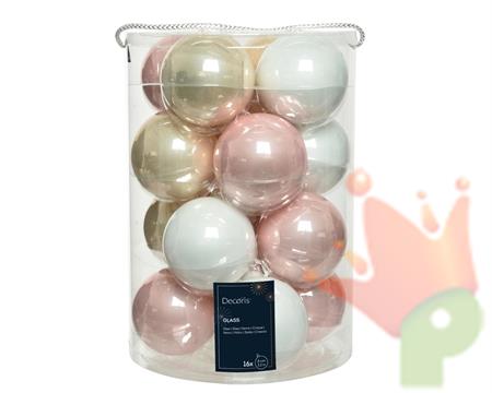 PALLINE DI NATALE BIANCO-ROSA-PERLA 8 CM CONFEZIONE 16 PZ