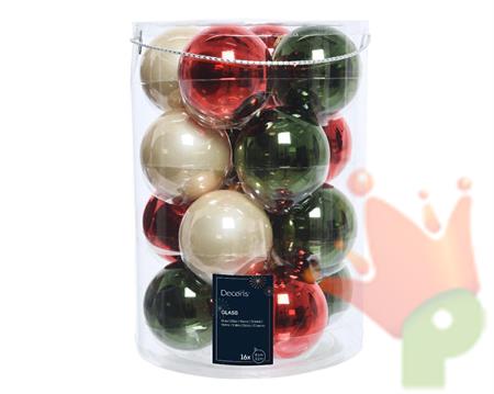 PALLINE DI NATALE VERDE PINO-ROSSO-PERLA 8CM CONFEZIONE 16 PZ