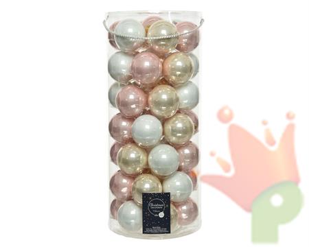PALLINE DI NATALE BIANCO-ROSA-PERLA 6 CM CONFEZIONE 49 PZ