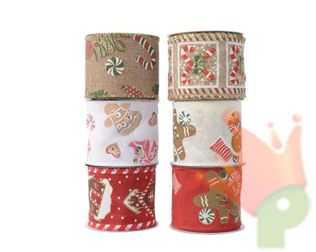 NASTRO IN POLIESTERE BIANCO/ROSSO/BEIGE CON DECORI NATALIZI 270