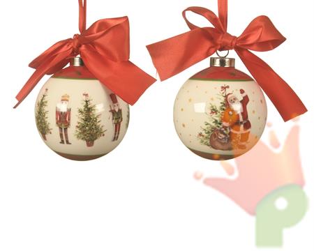 PALLINA DI NATALE IN CERAMICA FIOCCO ROSSO 2 DECORI 8 CM
