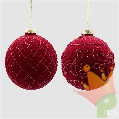 PALLINA DI NATALE VETRO VELUTO BORDEAUX DECORATA 10 CM - EDG -