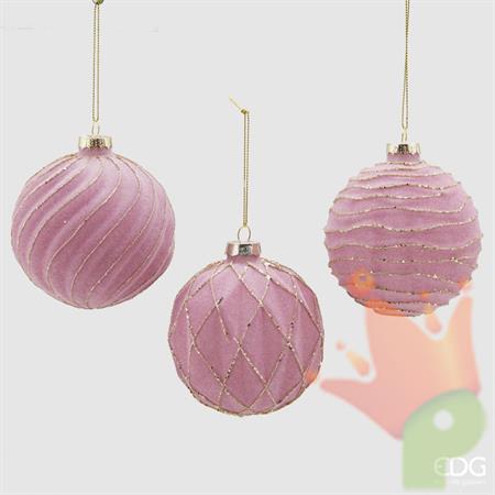 PALLINA DI NATALE VETRO VELLUTO ROSA DECORATA 3 ASS. - EDG -