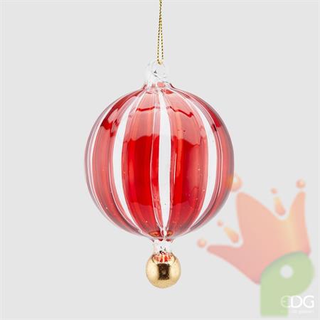 PALLINA DI NATALE VETRO RIGHE ROSSE PERLA ORO 8 CM - EDG -