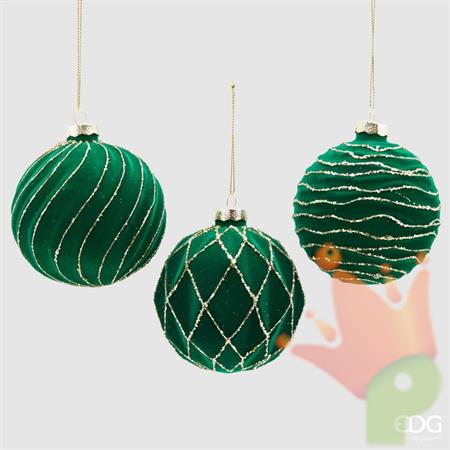 PALLINA DI NATALE VETRO VELLUTO VERDE DECORATO 3 ASS. - EDG -