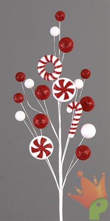 RAMO DECORO CANDY PALLINE ROSSE BIANCHE 69 CM