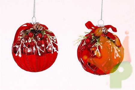 PALLINA ROSSA IN VETRO CON FIOCCO E VISCHIO 12 CM 1 PZ ASSORTITO