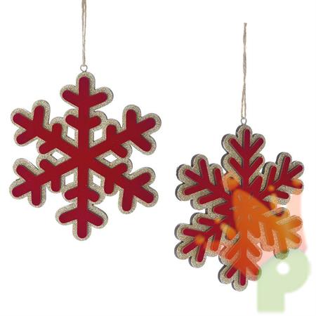 PENDENTE FIOCCO DI NEVE IN LEGNO ROSSO ORO GLITTER 14X14X1 CM