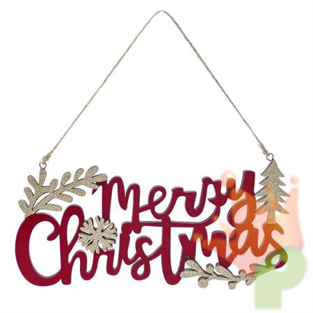 SCRITTA MERRY CHRISTMAS ROSSO ORO IN LEGNO DA APPENDERE  22X11CM