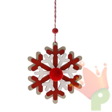 PENDENTE FIOCCO DI NEVE IN LEGNO BIANCO ROSSO 10,5X12 CM