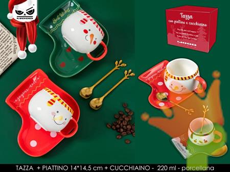 TAZZA NATALIZIA PUPAZZO DI NEVE CON PIATTINO E CUCCHIAINO 220 ML