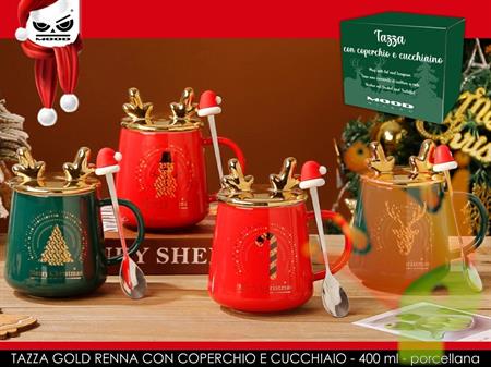 TAZZA IN PORCELLANA CON COPERCHIO RENNA E CUCCHIAINO ORO 400ML