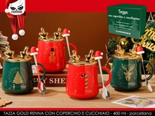 TAZZA IN PORCELLANA CON COPERCHIO RENNA E CUCCHIAINO ORO 400ML
