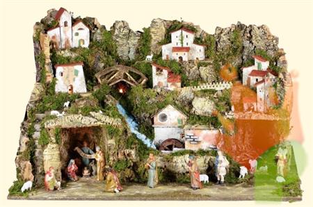 PRESEPE 80X50X50 CM CON LUCI MULINO POMPA + 13 PZ 10 CM N:11