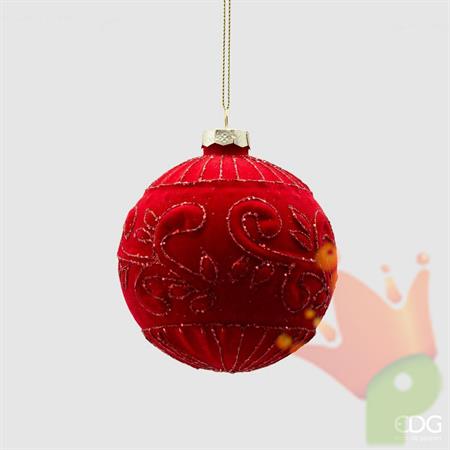 PALLINA DI NATALE VETRO ROSSO DECORI VELLUTO 10 CM - EDG -