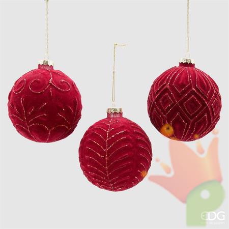 PALLINA DI NATALE VETRO VELLUTO ROSSO DECORATA 10 CM - EDG -