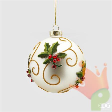 PALLINA DI NATALE VETRO DECORO AGRIFOGLIO 10 CM - EDG -