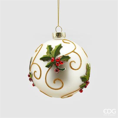 PALLINA DI NATALE VETRO DECORO AGRIFOGLIO 10 CM - EDG -