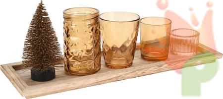 PORTA TEALIGHT NATALIZIO VETRO SU LEGNO 6 PZ