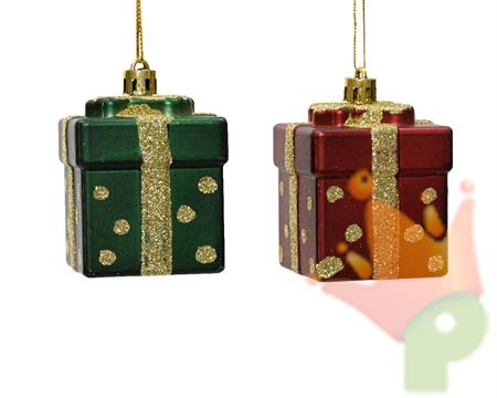 PENDENTE PACCO REGALO VERDE/ROSSO GLITTER ORO 6,8X5 CM 1 PZ