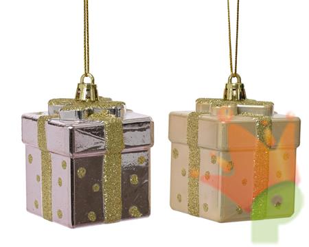 PENDENTE PACCO REGALO ROSA/CHAMPAGNE GLITTER ORO 6,8X5 CM 1 PZ