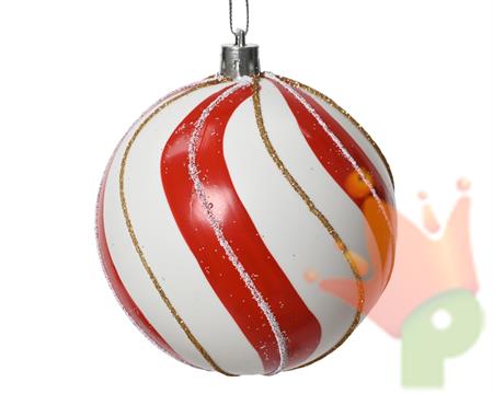 PALLINA DI NATALE BIANCA A STRISCE ROSSE 8 CM