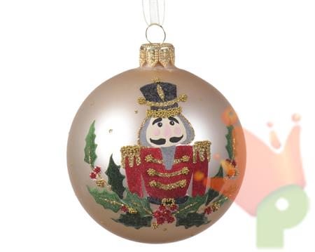 PALLINA DI NATALE IN VETRO PERLA OPACO DECORO SCHIACCIANOCI 8CM