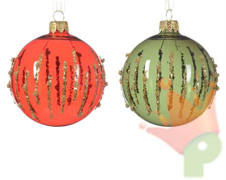 PALLINA IN VETRO TRASPARENTE ROSSO/VERDE GLITTER ORO