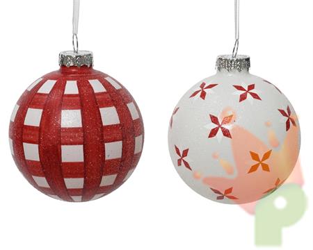 PALLINA IN VETRO BIANCA ROSSA DECORATA