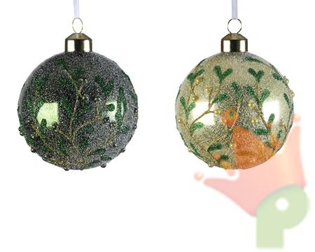 PALLINA IN VETRO ORO / VERDE GLITTER DECORO RAMI FOGLIE 1PZ 8 CM