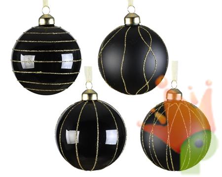 PALLINA VETRO NERO LUCIDO/OPACO CON LINEE GLITTER ORO 1 PZ 8 CM