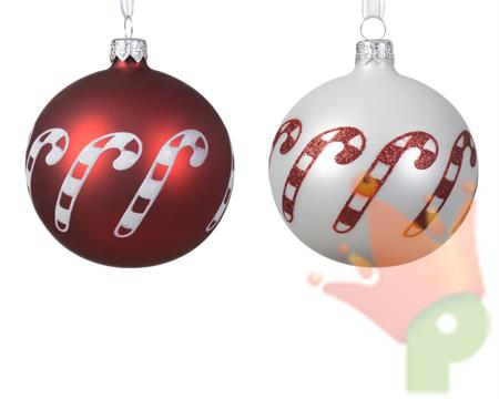 PALLINA VETRO OPACO BIANCO / ROSSO DECORO CANDY CANE 8CM 1PZ