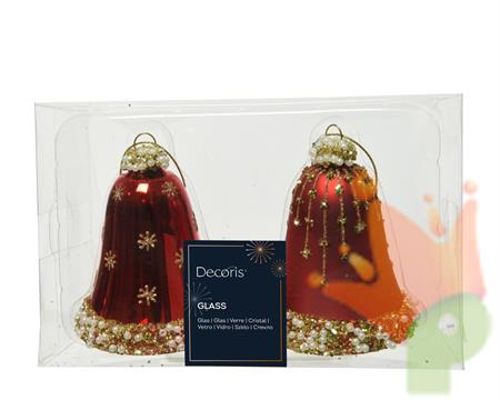 CAMPANE IN VETRO ROSSO LUCIDO / OPACO CON PERLINE GLITTER 8CM