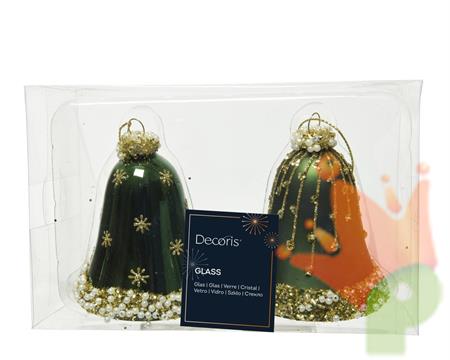 CAMPANE IN VETRO VERDE LUCIDO/OPACO CON PERLE GLITTER ORO 8CM