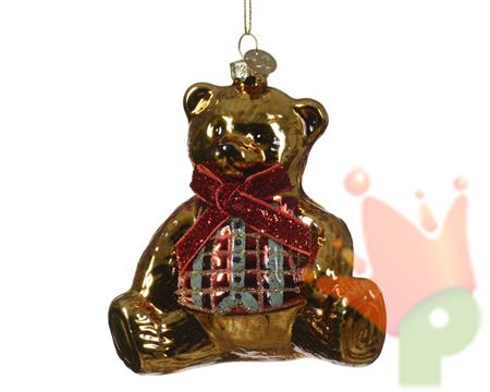 PENDENTE ORSETTO IN VETRO ORO CON FIOCCHETTO ROSSO 10,8CM