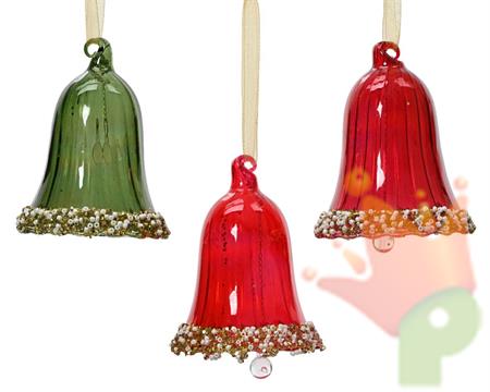 CAMPANA IN VETRO LUCIDO ROSSO/VERDE CON PERLINE E GLITTER 6,7 CM