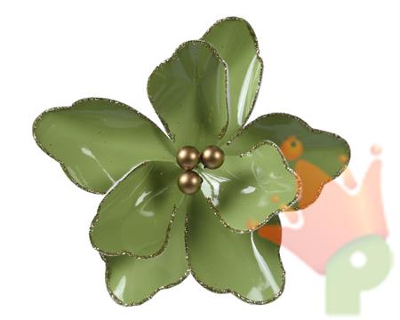 FIORE VERDE GLITTER ORO CON CLIP FINITURA LUCIDA 15X8 CM
