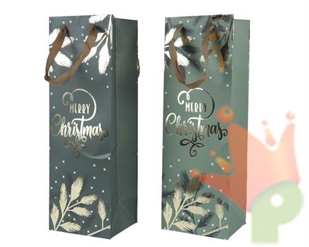 BUSTA CARTA PORTA BOTTIGLIA VERDE ORO MERRY CHRISTMAS