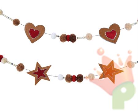 GHIRLANDA CUORI/STELLE POMPON PERLINE POLIESTERE LEGNO 130 CM 1