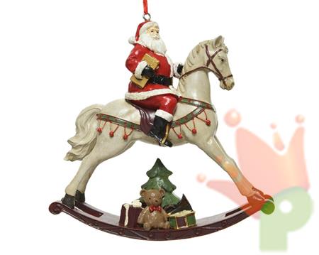 PENDENTE BABBO NATALE SU CAVALLO A DONDOLO POLIRESINA H.14X14CM