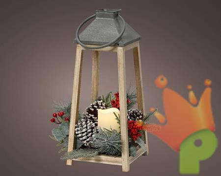 LANTERNA IN LEGNO CON CANDELA A BATTERIA 36CM