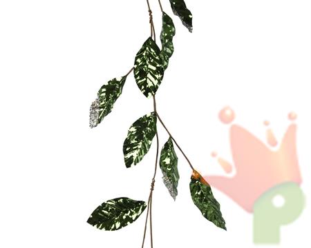 GHIRLANDA NATALIZIA CON FOGLIE VERDI GLITTER ARGENTO 120 CM