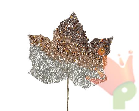 FOGLIA MARRONE CON GLITTER SU STELO 25X18 CM